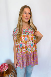 Sunny Gardens Floral Tiered Top - Pink/Blue Multi