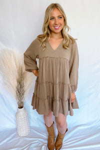 A Latte Fun Tiered Mini Dress - Taupe