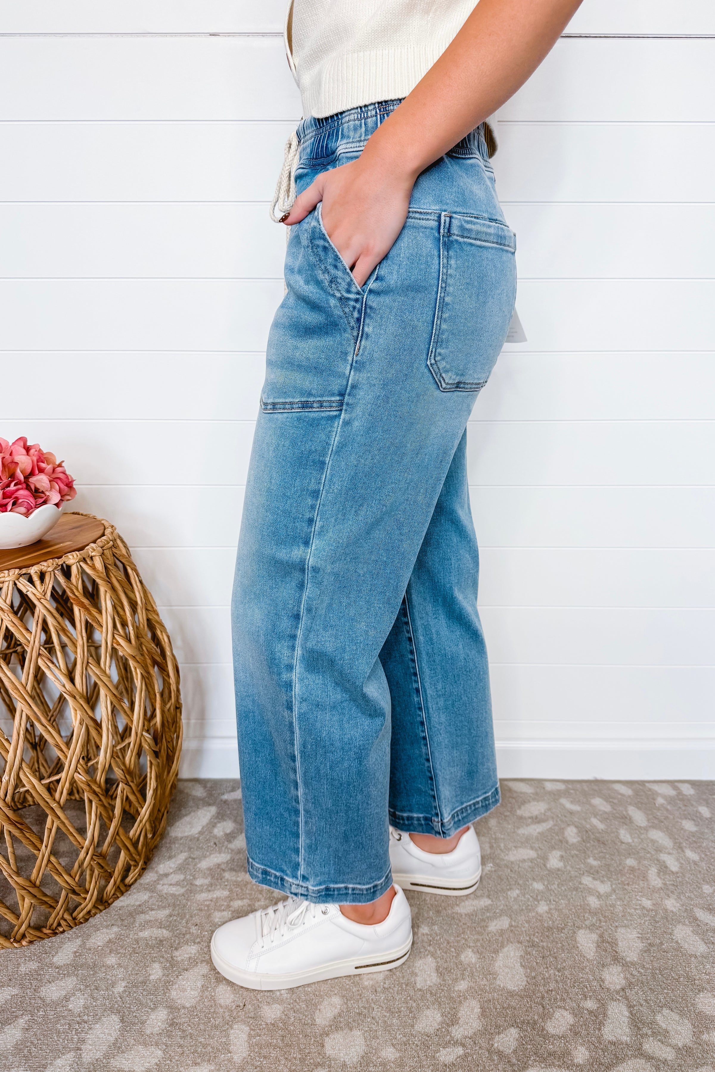 Eliza Crop Patch Pocket Front Tie Risen Jeans - Light Wash