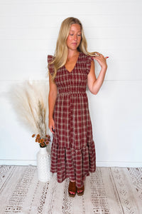 In the Meadow Smocked Plaid Midi Dress - Burgundy
