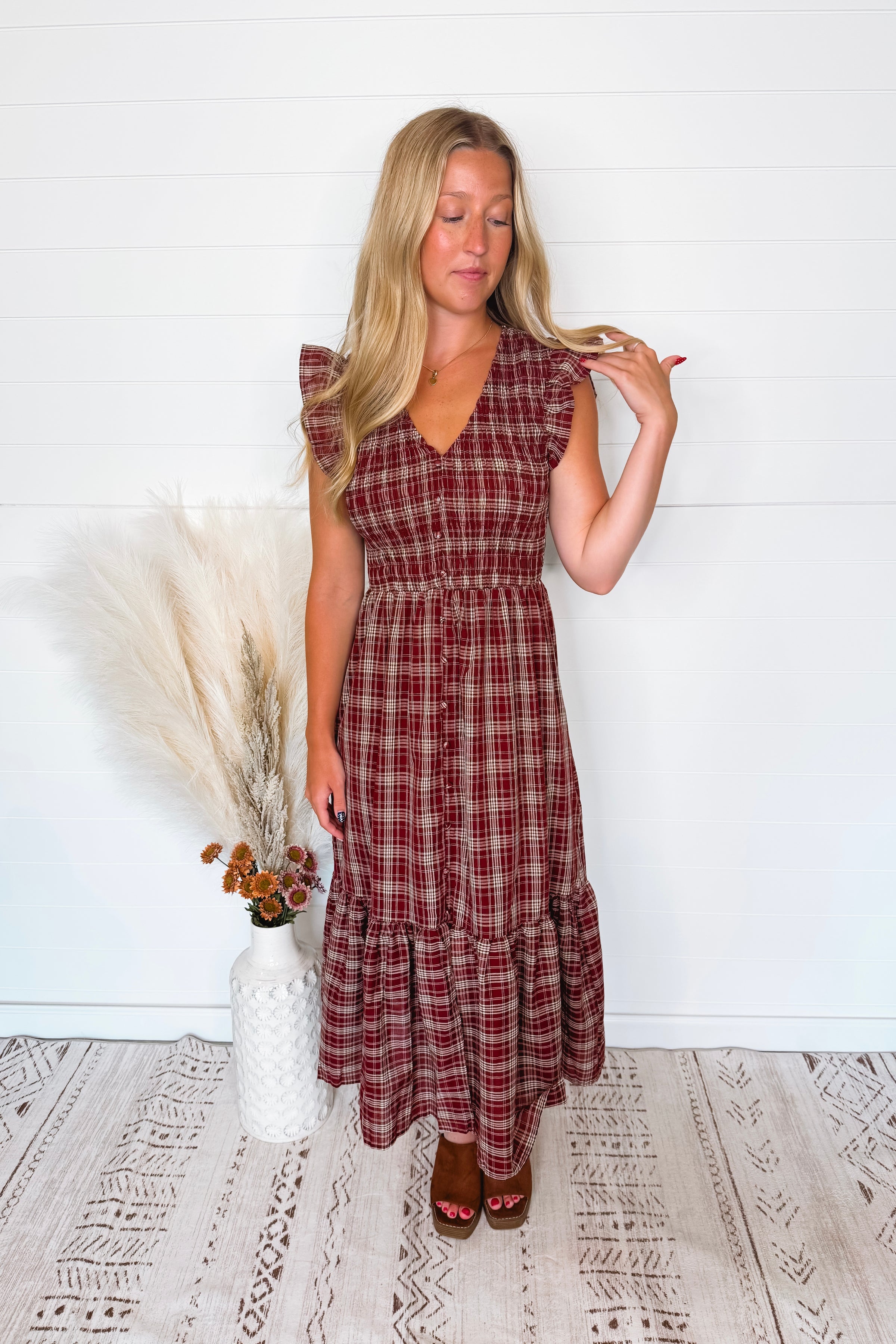 In the Meadow Smocked Plaid Midi Dress - Burgundy