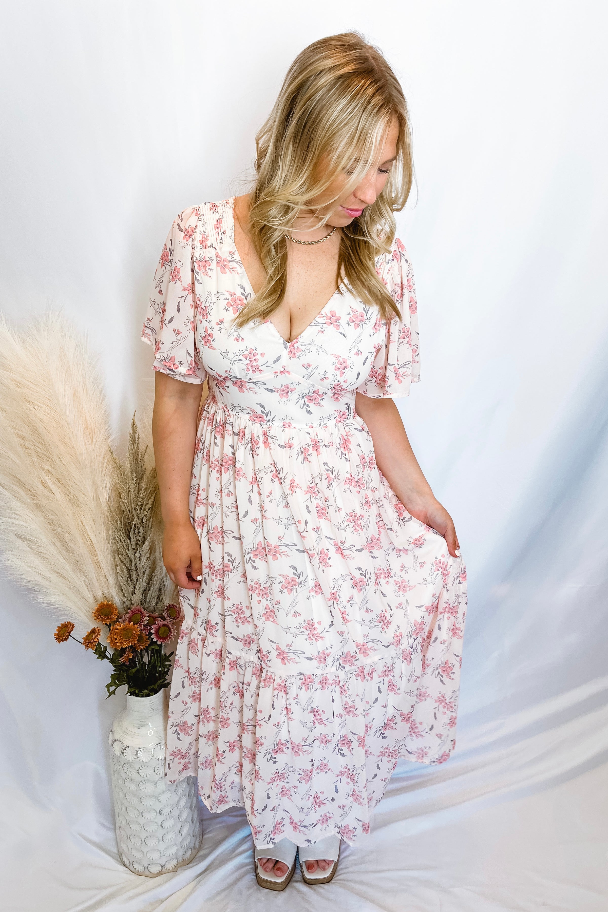 Romantic Garden Floral Midi Dress - Blush