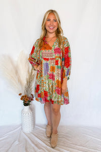 Tea Garden Patchwork Shift Dress - Green/Multi
