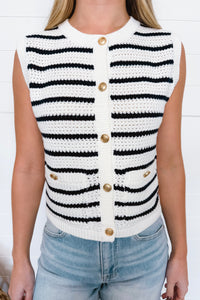 Dockside Striped Knit Button Vest - Navy/Ivory
