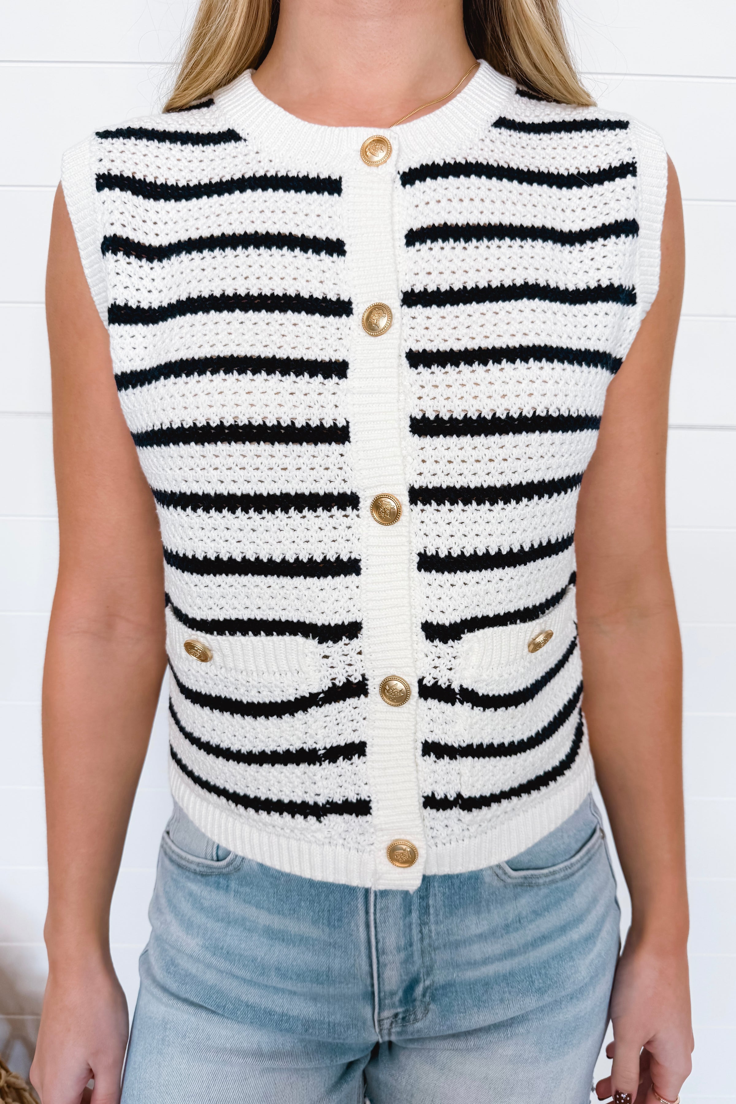 Dockside Striped Knit Button Vest - Navy/Ivory