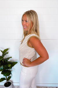 Vacay Plans Striped Knit Button Down Top - Taupe/White