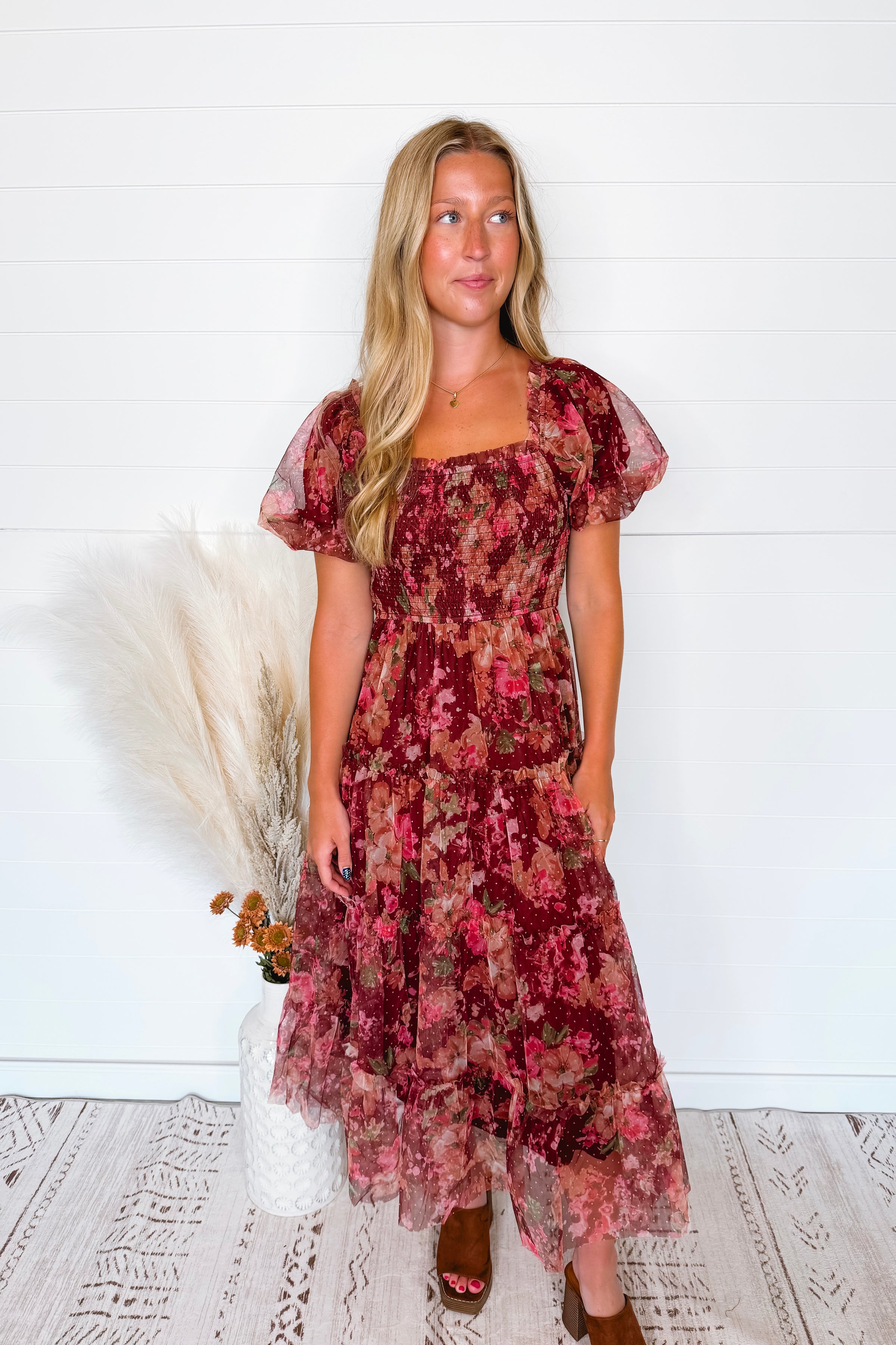 Phoebe Puff Sleeve Tulle Midi Dress - Burgundy Multi