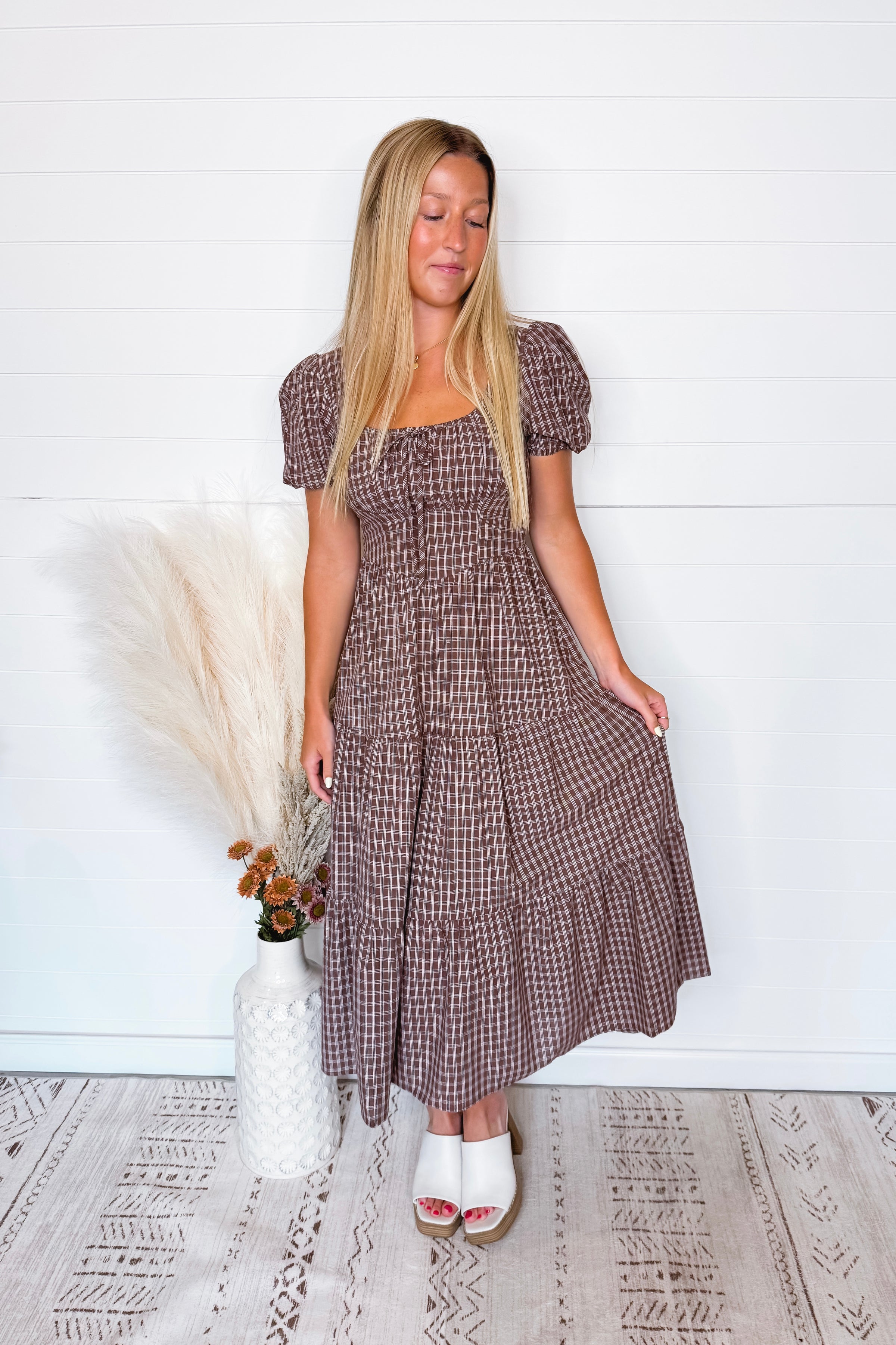 Full Of Grace Plaid Puff Sleeve Midi Dress - Brown