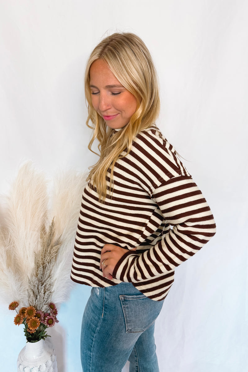 Crunching Leaves Striped Split Neck Top - Brown/Ivory
