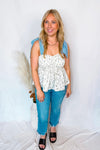 Romantic Getaway Floral Tie Shoulder Tank - Ivory/Blue