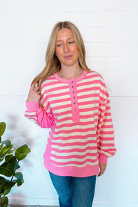Stylish Staple Striped Henley Top - Pink