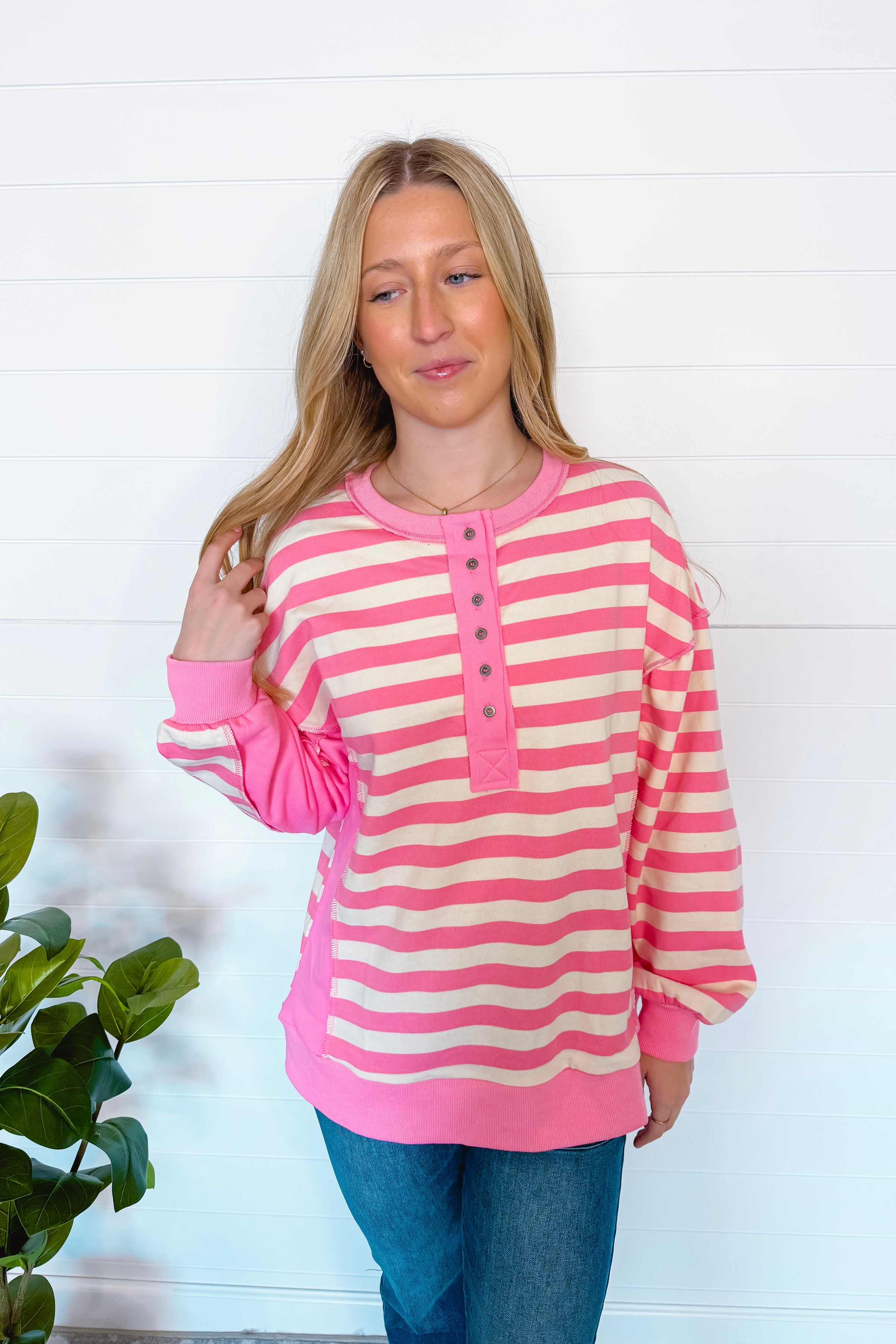 Stylish Staple Striped Henley Top - Pink