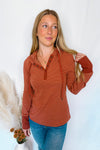 Hot Cider Striped Henley Hoodie - Rust