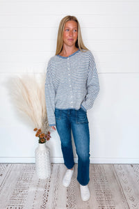 Gwen Lightweight Striped Button Sweater - Dusty Blue/Ivory