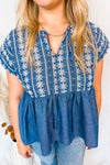 Just For Fun Babydoll Embroidery Blouse - Dark Denim