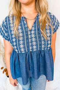 Just For Fun Babydoll Embroidery Blouse - Dark Denim