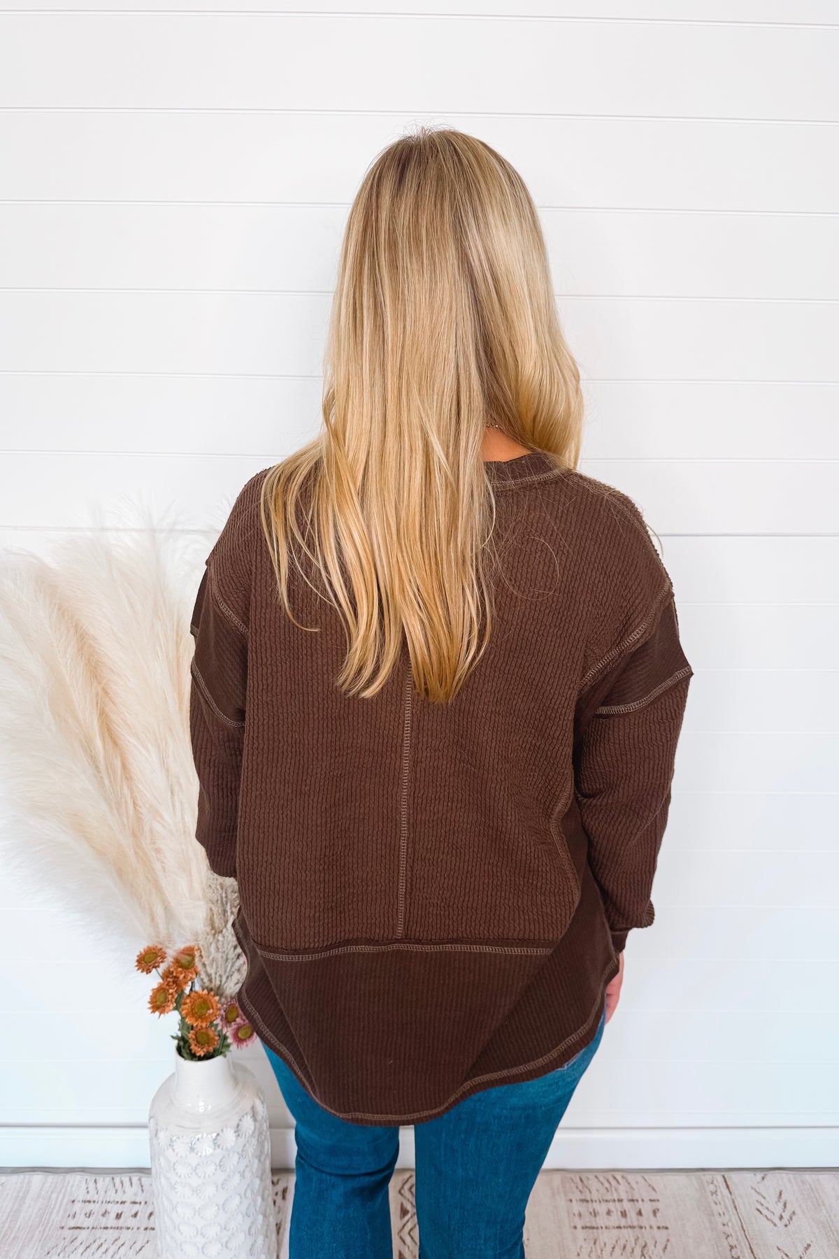 Simple Moments Raw Edge Ribbed Top - Brown