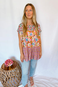 Sunny Gardens Floral Tiered Top - Pink/Blue Multi