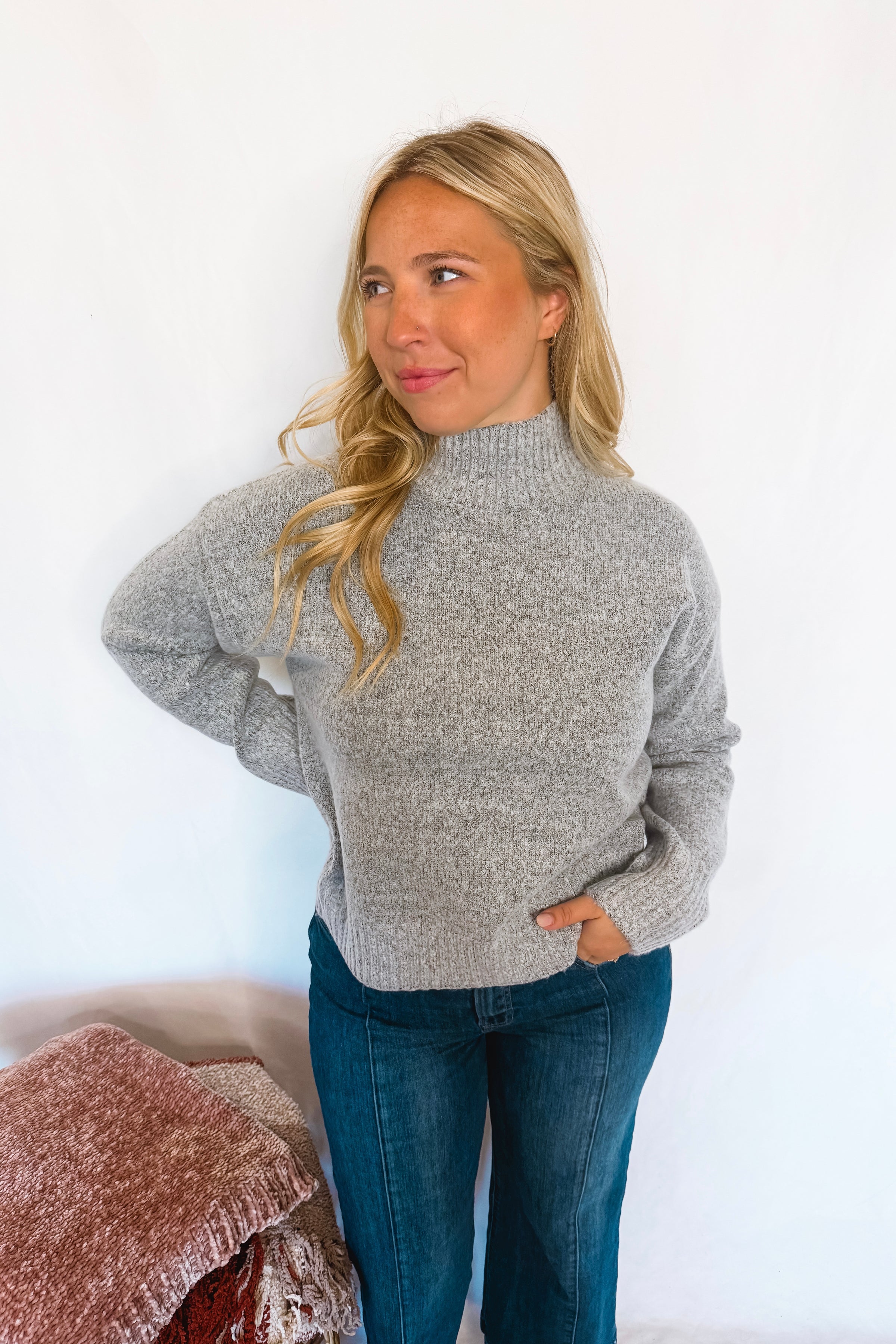 New York Chill Mock Neck Knit Sweater - Grey