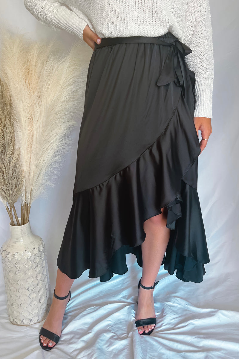 Luxurious Feeling Black Ruffle Midi Skirt