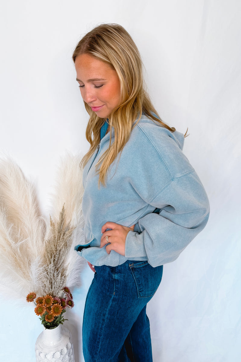 Just Relaxing Mineral Washed Half Zip Hoodie - Blue