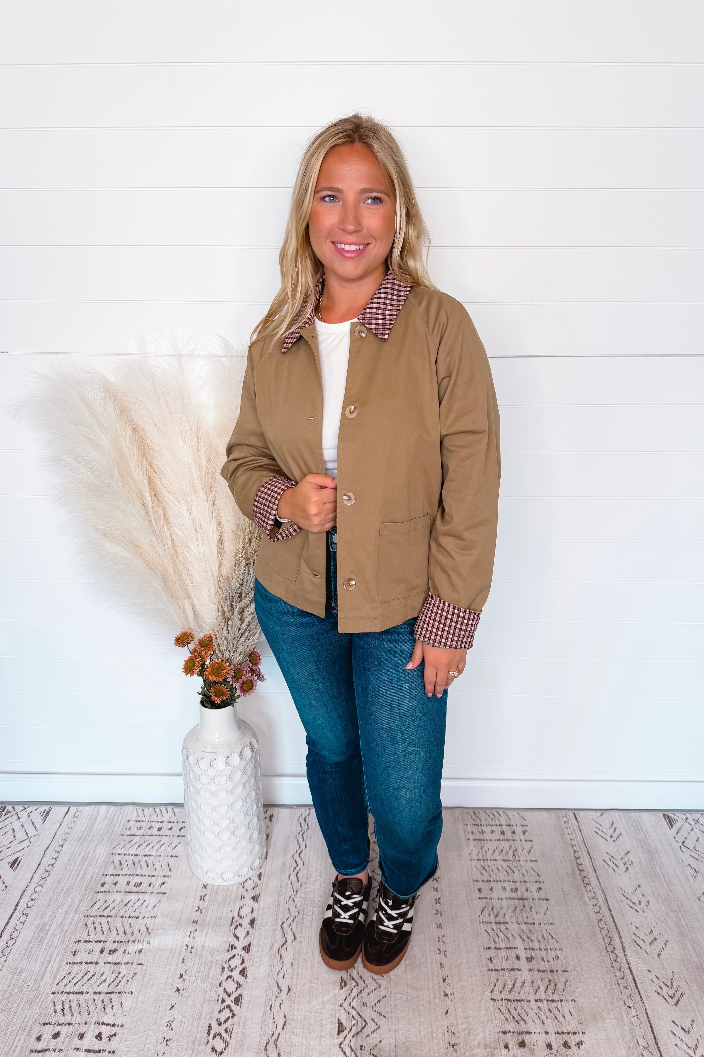 Loving Fall Plaid Collar Jacket - Tan