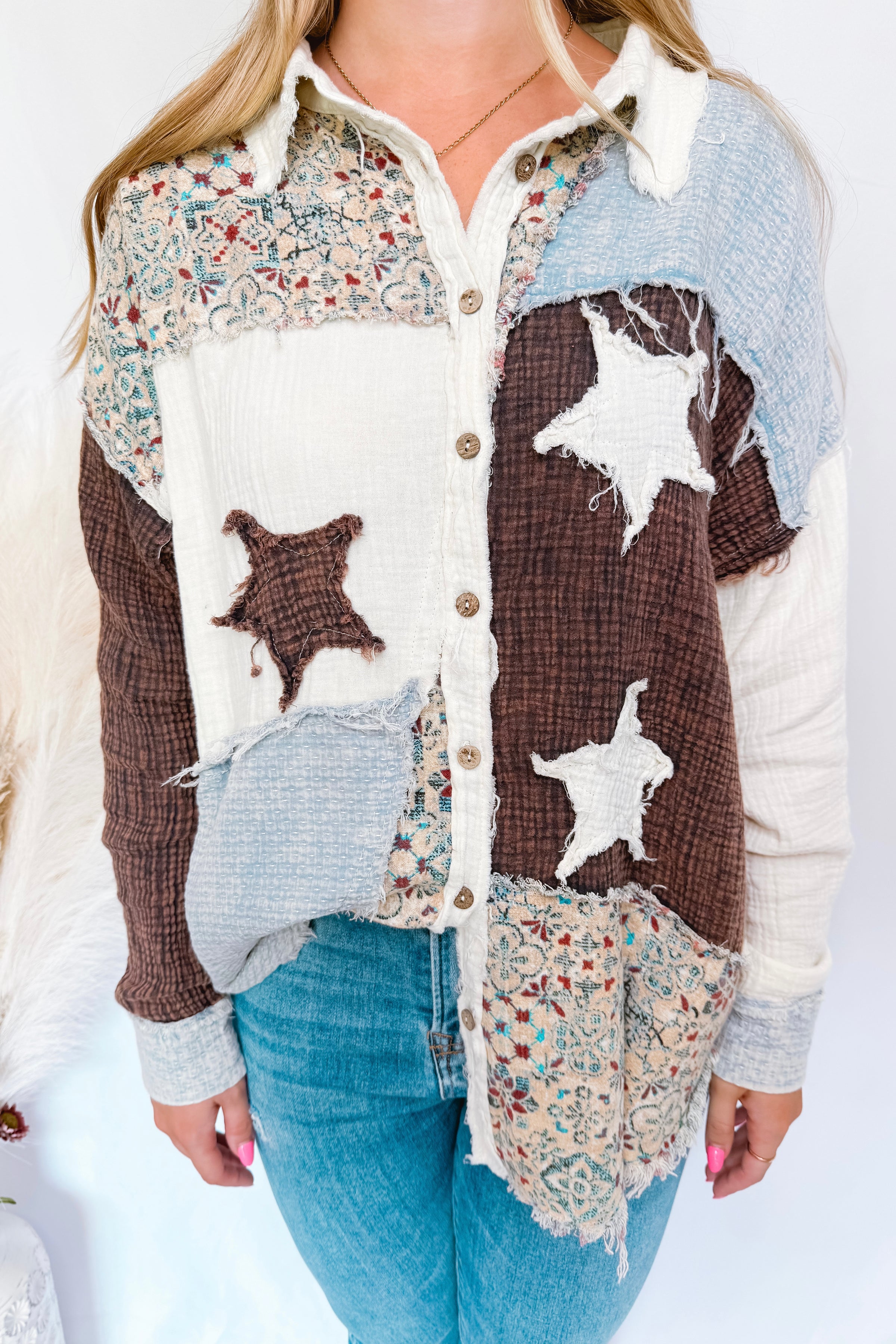 Shoot For The Stars Oversized Button Down Top - Ivory Multi