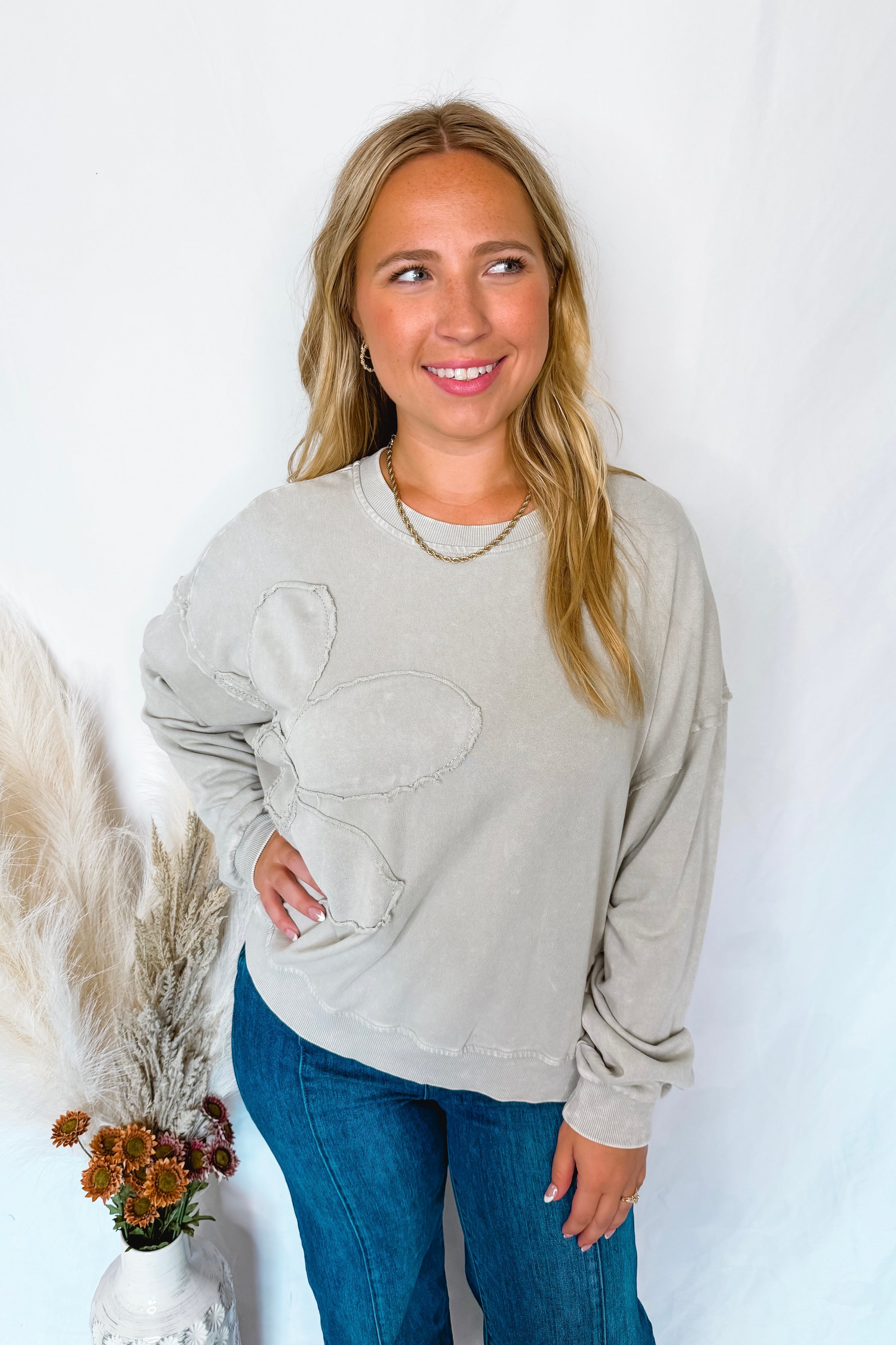 Frayed Flower Mineral Washed Crew Neck Top - Grey