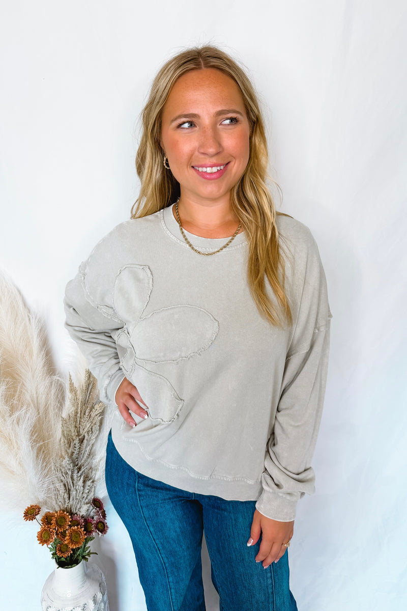 Frayed Flower Mineral Washed Crew Neck Top - Grey