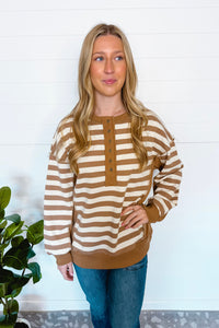 Stylish Staple Striped Henley Top - Taupe