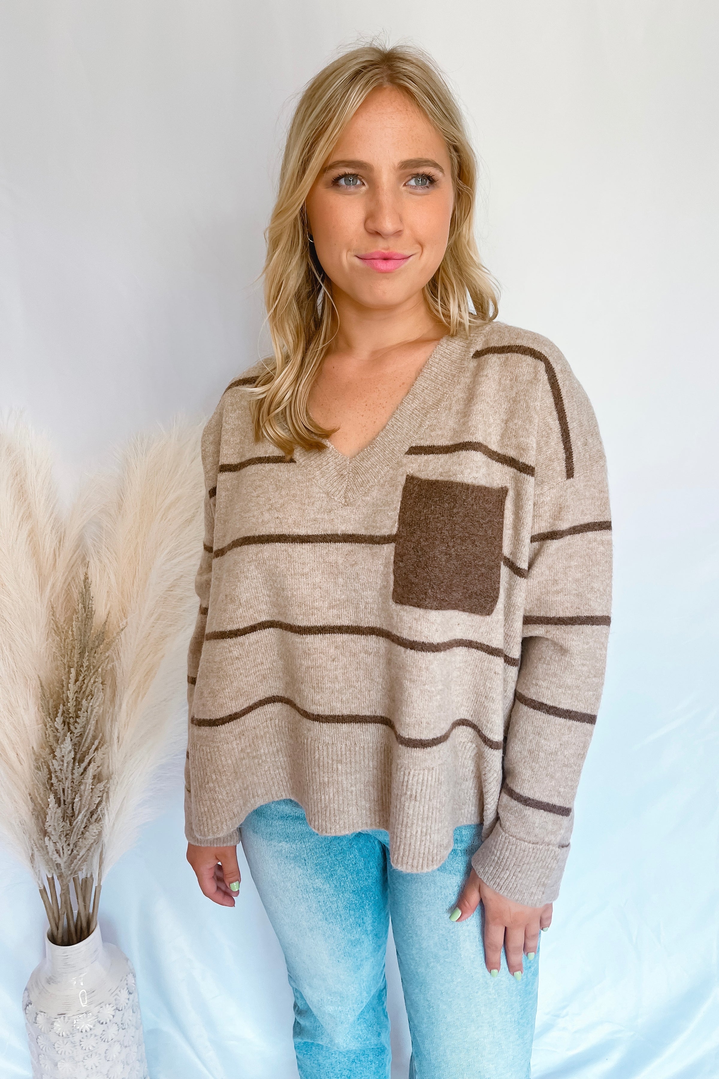 Fall Charm Striped V-Neck Sweater - Taupe/Brown