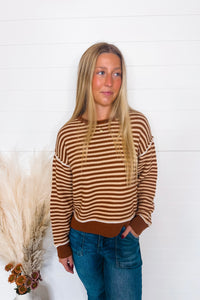 Cooler Evening Striped Knit Sweater - Mocha/Cream