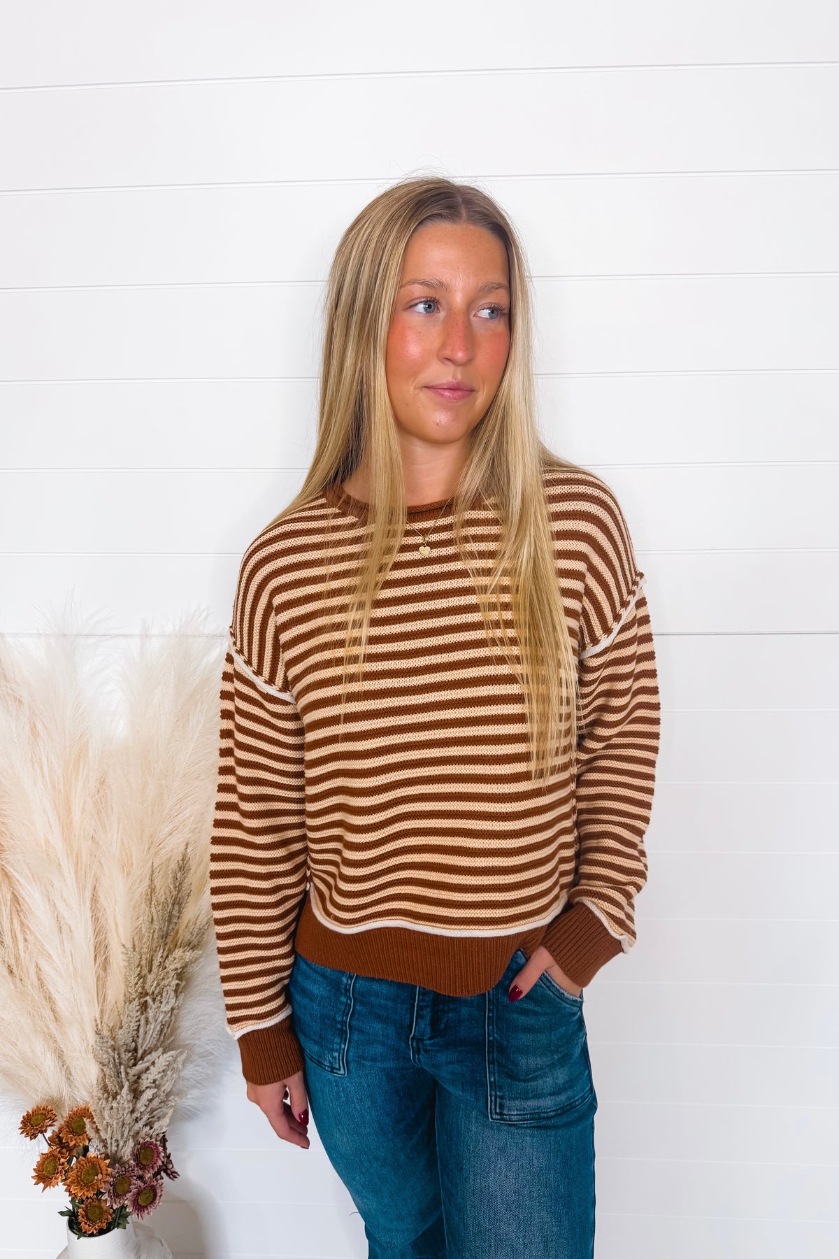 Cooler Evening Striped Knit Sweater - Mocha/Cream