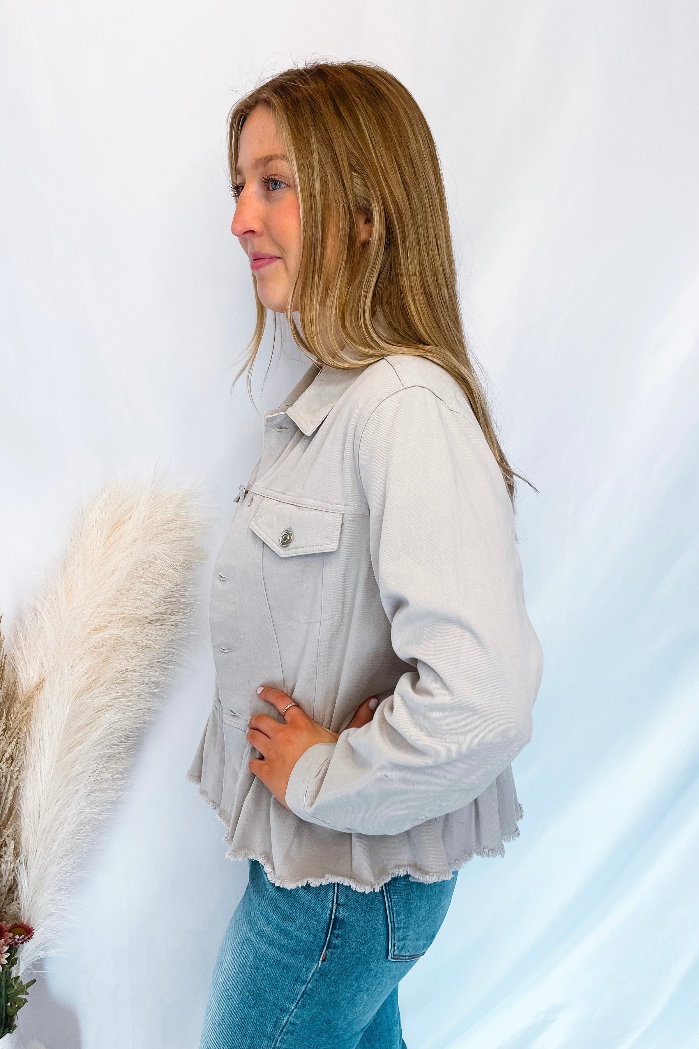 Feelin Good Ruffle Denim Jacket - Light Grey