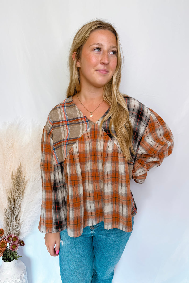 Pretty In Plaid V-Neck Babydoll Top - Mixed Plaid