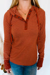 Hot Cider Striped Henley Hoodie - Rust