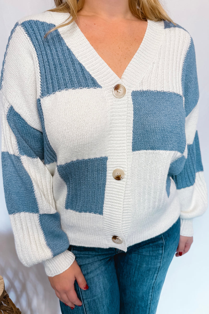 Grateful Days Checkered Button Cardigan - Blue