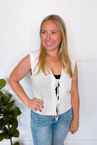 Cottage Charm Tie Front Crochet Vest - White