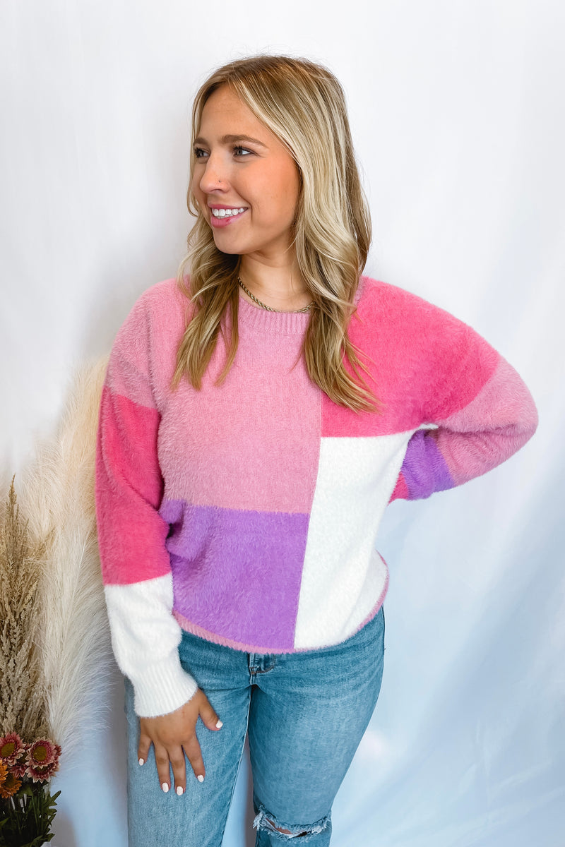 Sending Kisses Color Block Fuzzy Sweater - Pink Combo