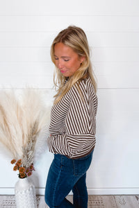 Gwen Lightweight Striped Button Sweater - Mocha/Ivory