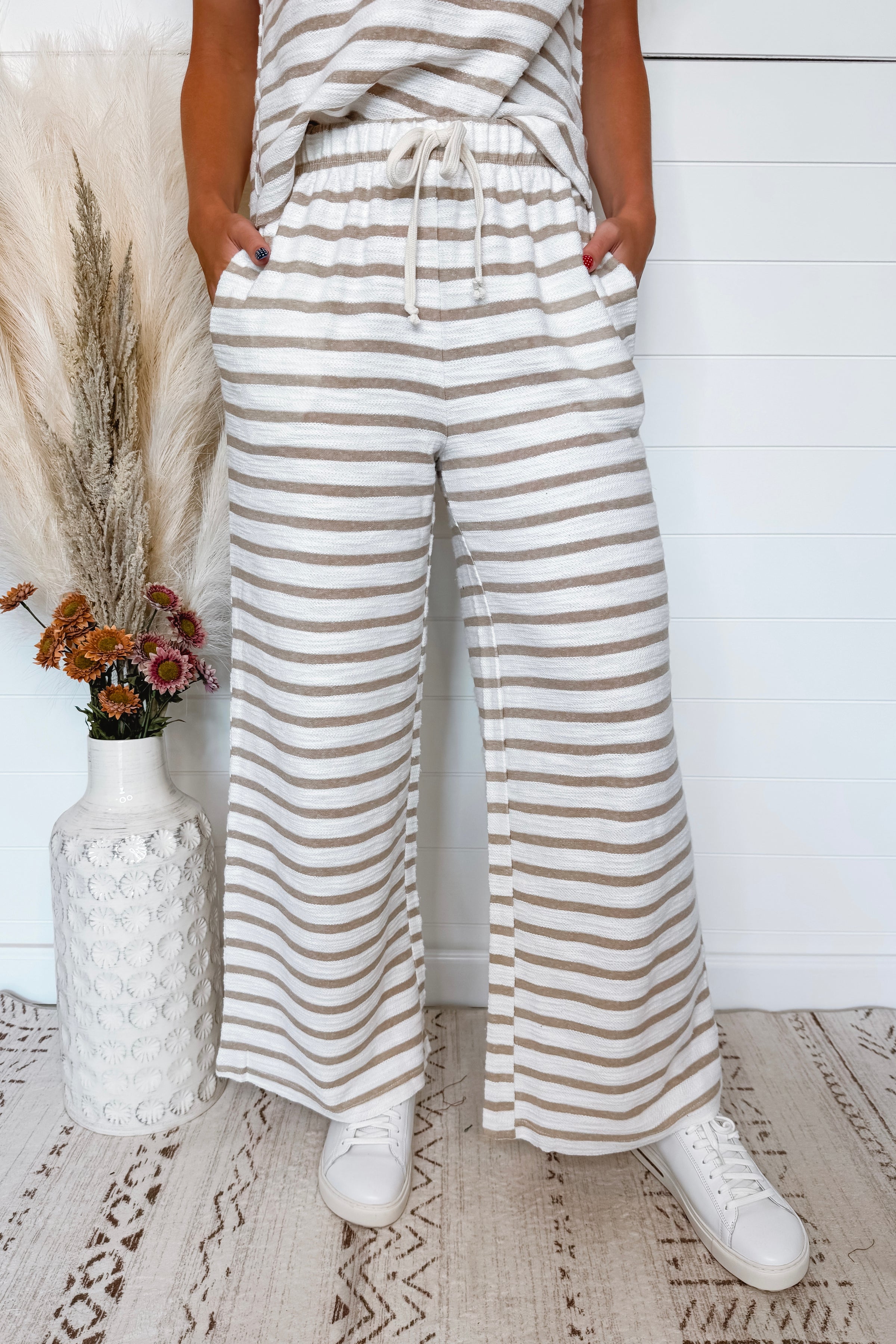 Hanging Out Striped Wide Leg Pants - Khaki