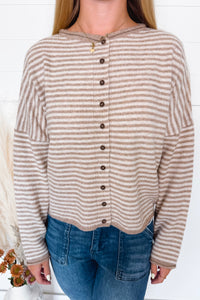 Gwen Lightweight Striped Button Sweater - Tan/Ivory