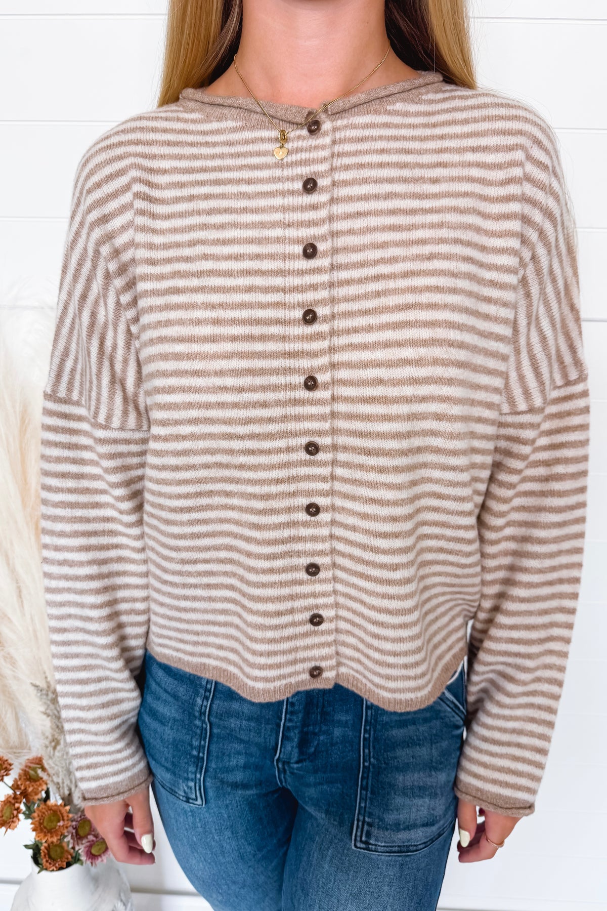 Gwen Lightweight Striped Button Sweater - Tan/Ivory