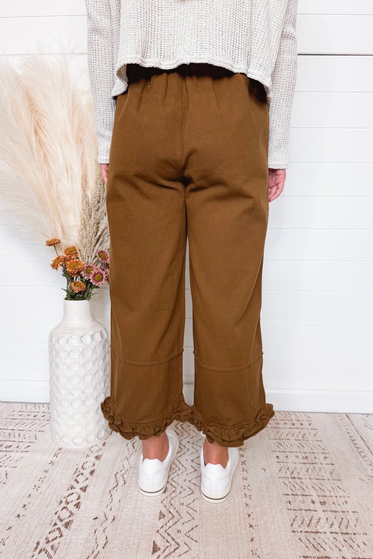 Layla High Rise Wide Leg Ruffle Pant - Brown