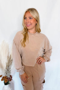 Crisp Leaves Mineral Washed Crew Neck Top - Taupe