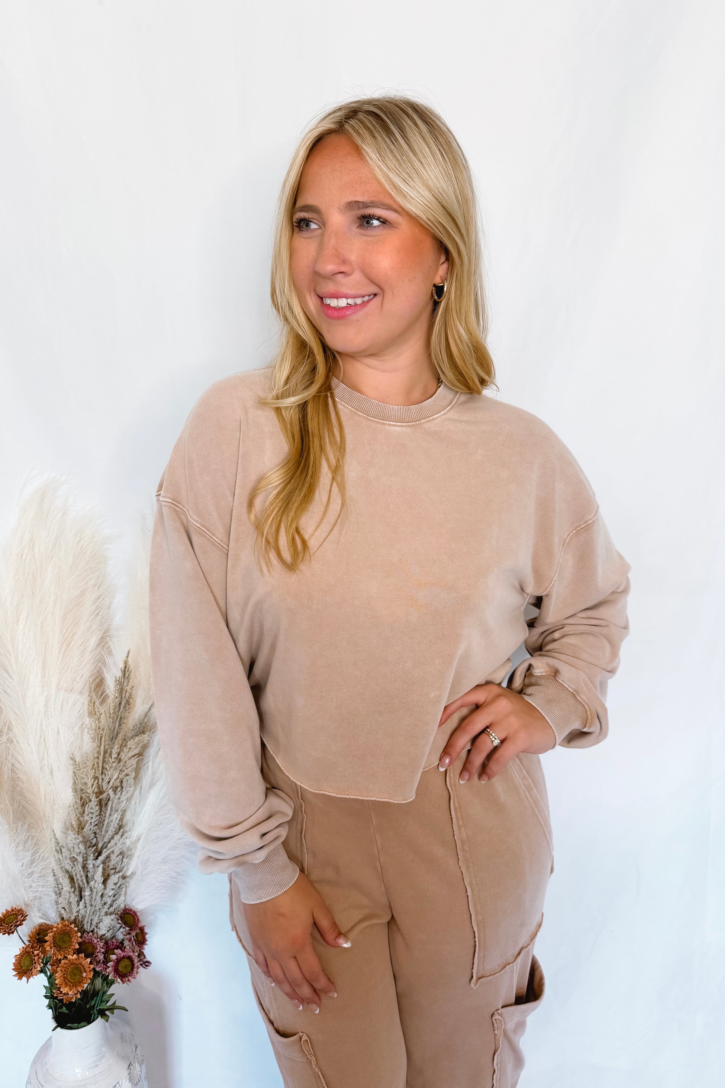 Crisp Leaves Mineral Washed Crew Neck Top - Taupe