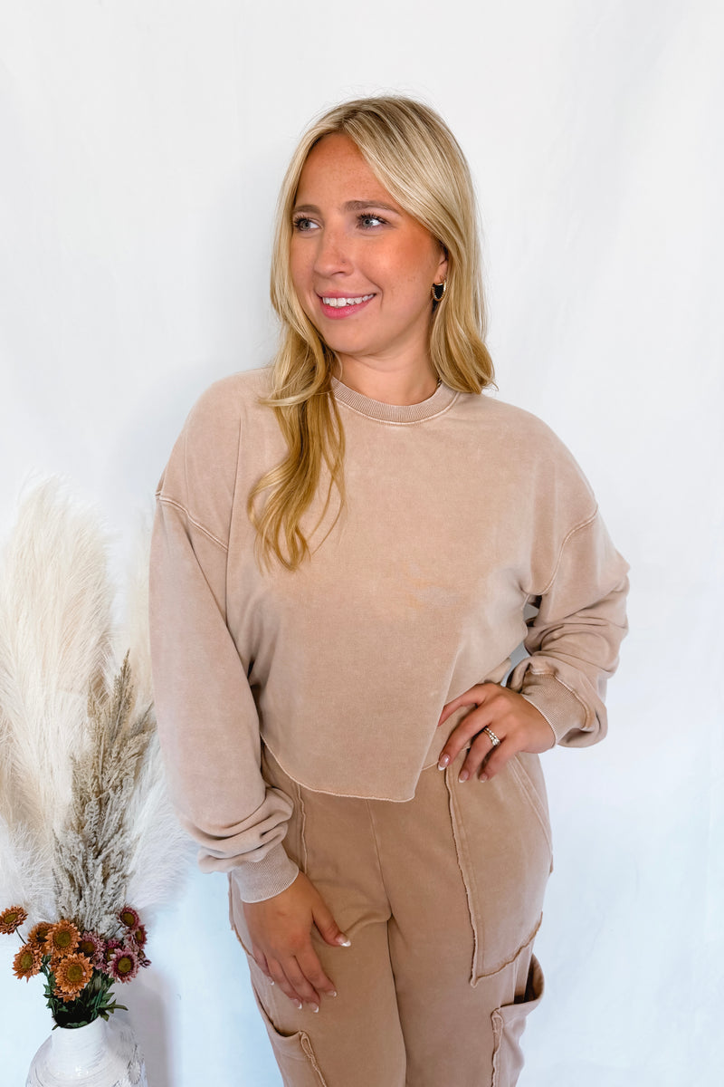 Crisp Leaves Mineral Washed Crew Neck Top - Taupe