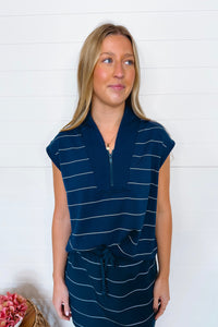 Sporty Days Scuba Stripe Luxe V-Neck Sleeveless Top - Navy/Ivory