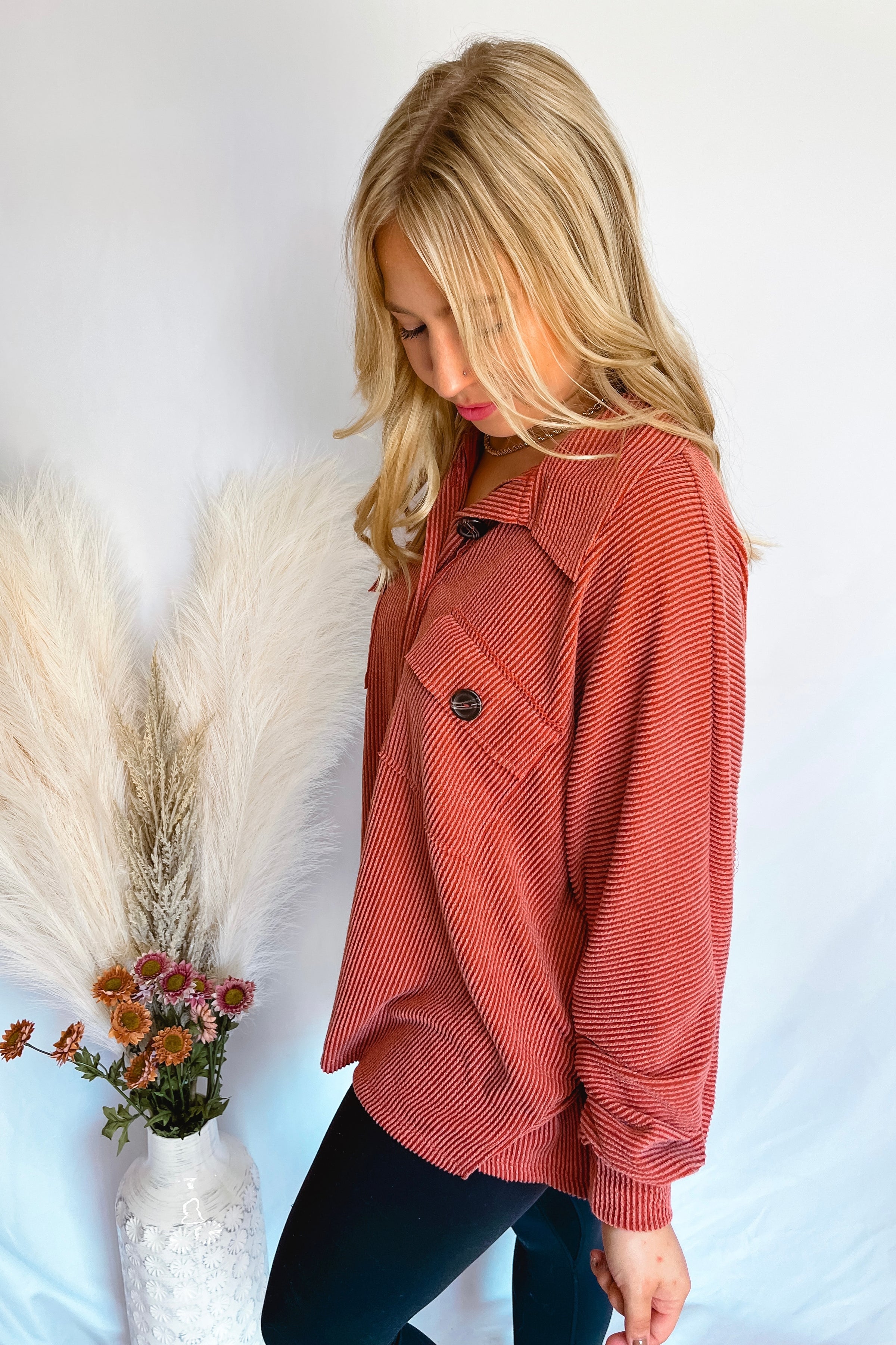 Autumn Spice Oversized Henley Top - Cinnamon