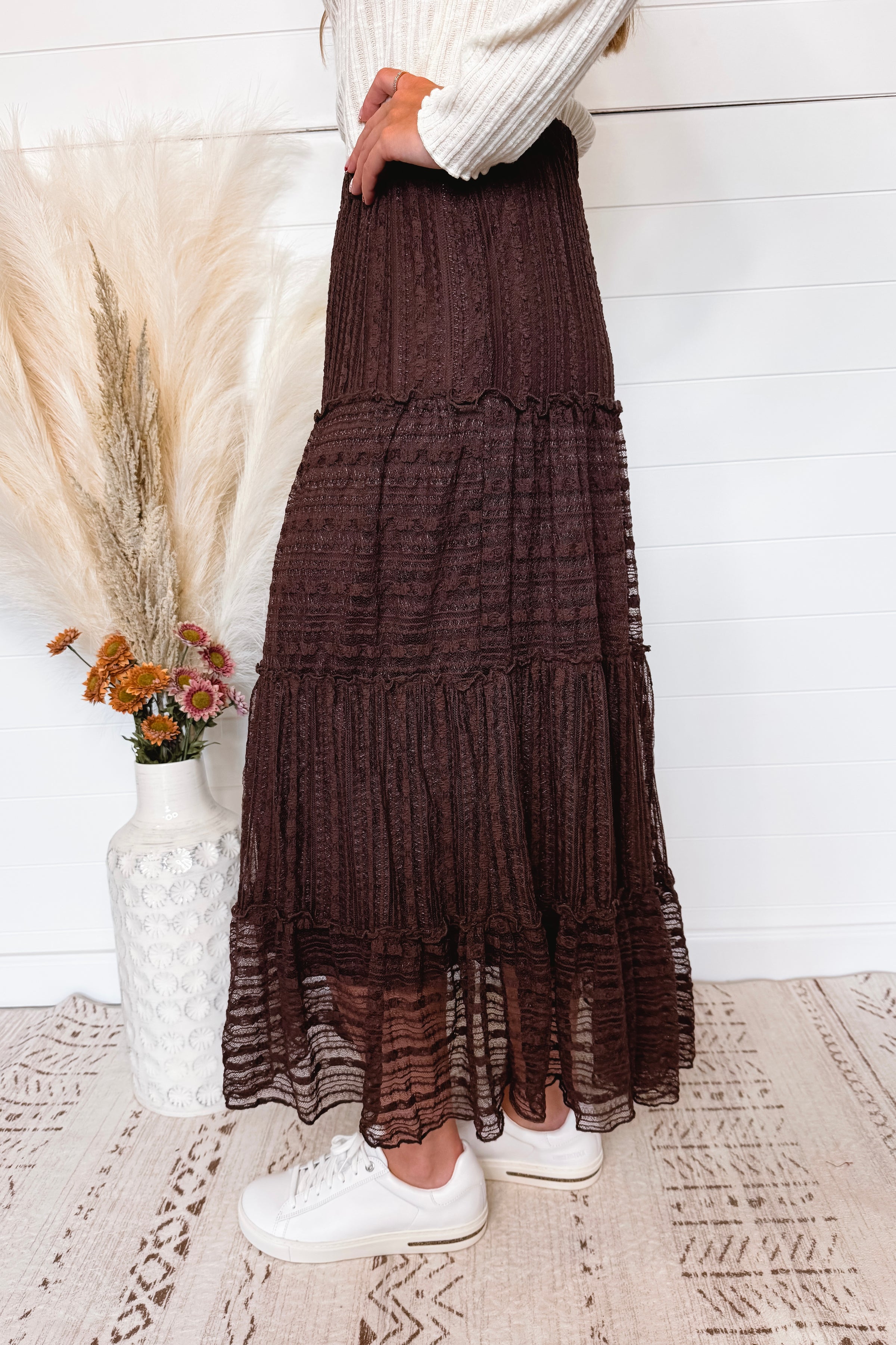 Two Stepping Tiered Midi Skirt - Chocolate Brown